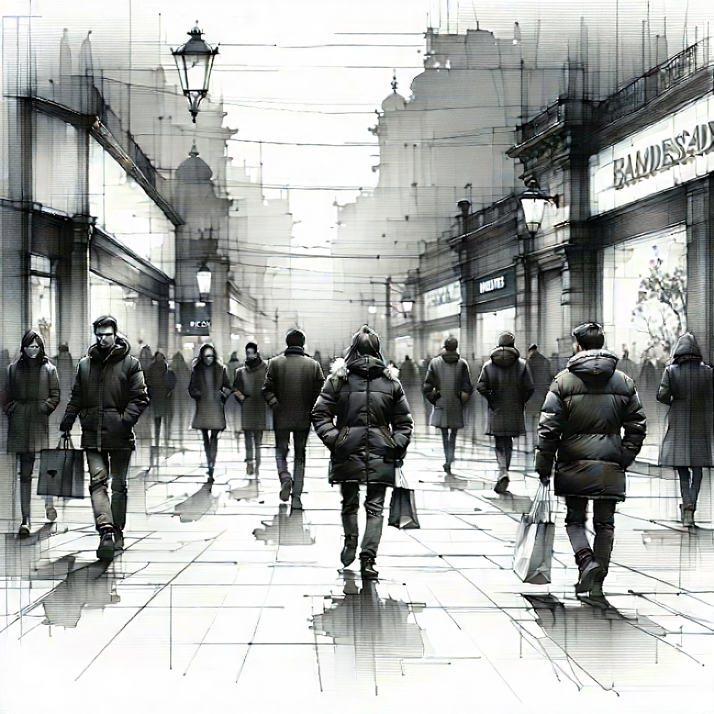 Urban Pencil Sketch: Urban shopping district scene