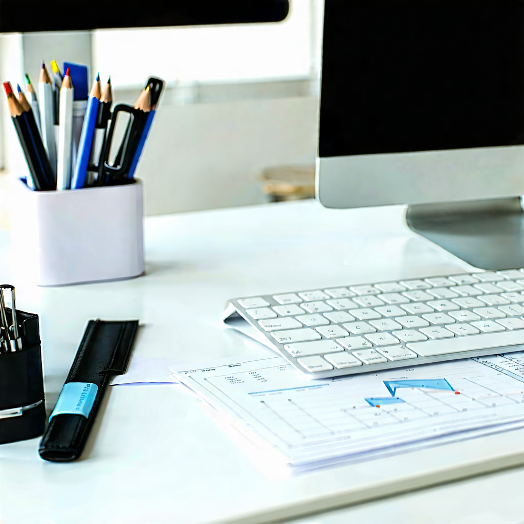 Business Lithograph: Workplace with modern office supplies on desk