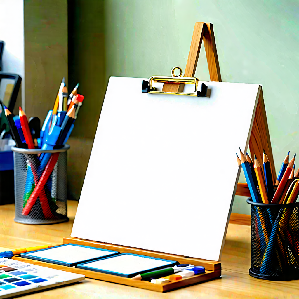 Business Gouache Painting: Workplace with (modern:1.48) office supplies on desk
