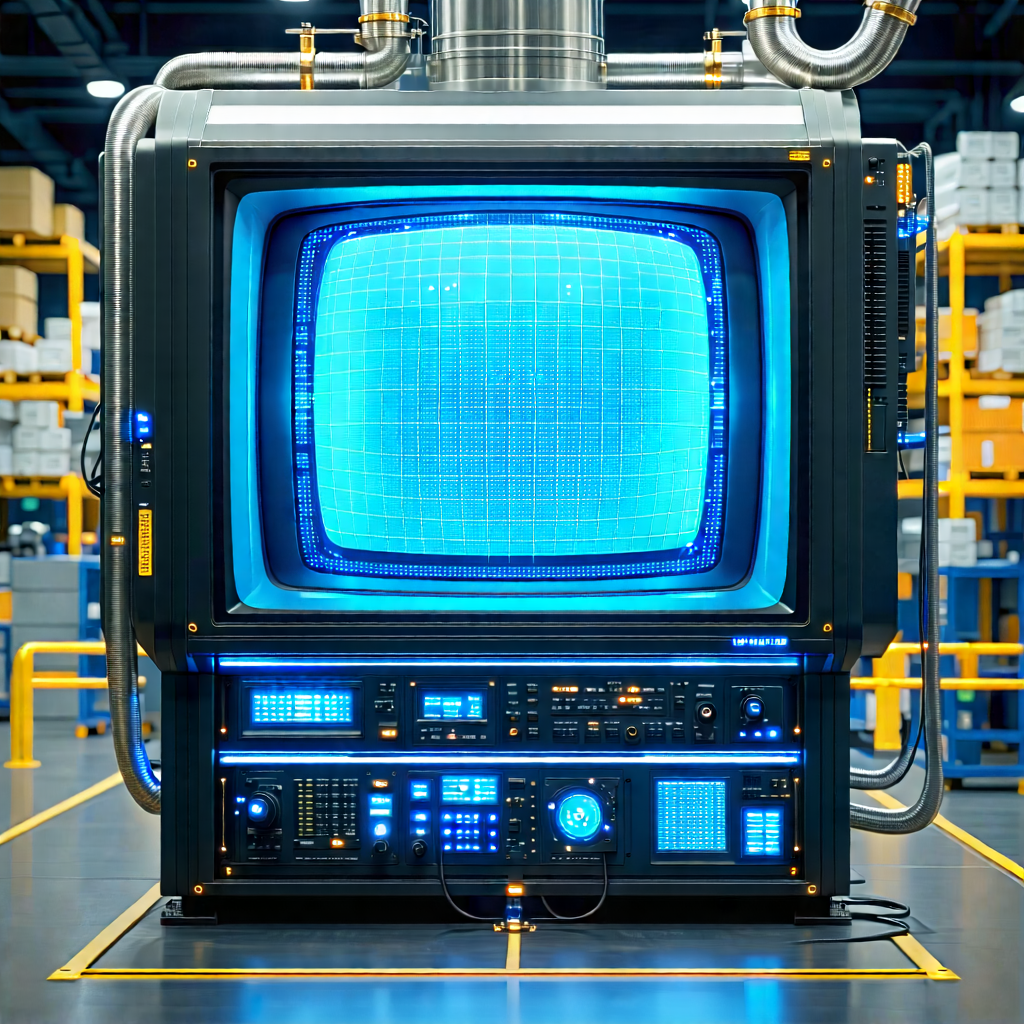 Tech Low Poly: Entertainment Technology In Manufacturing Facility With Large, Blue,
