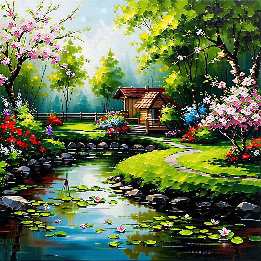 Lifestyle Oil Painting: Spring Gardening During Autumn With Serene Scene