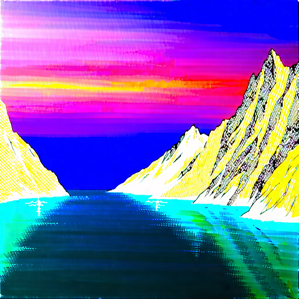 Nature Gouache Painting: Crystal clear (lake:1.13) surrounded by (mountain:1.28) peaks