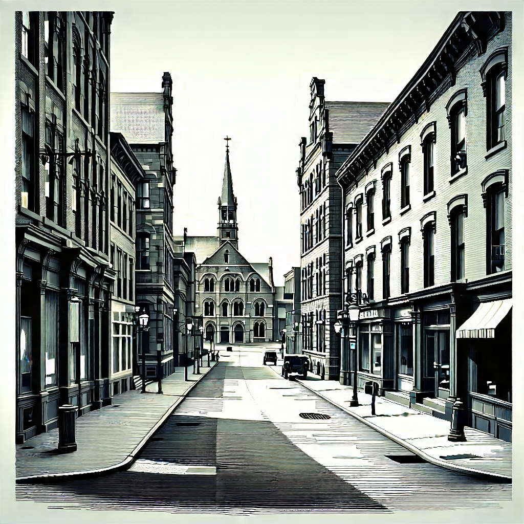 Urban Linocut Print: Urban Street With Historic Buildings With Black White