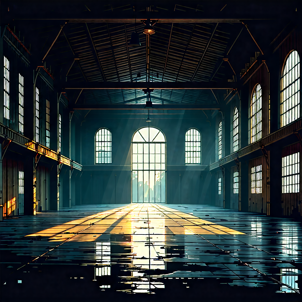 Urban Woodcut Print: Converted warehouse with dramatic lighting