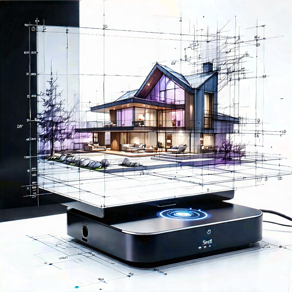 Tech Ink Drawing: Smart Home (device:1.37) With Holographic Display With Computer Monitor