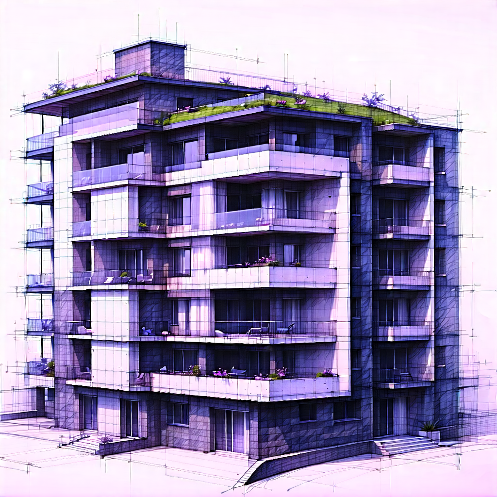Urban Charcoal Drawing: Modern Apartment Complex With Green Rooftop With Large Building