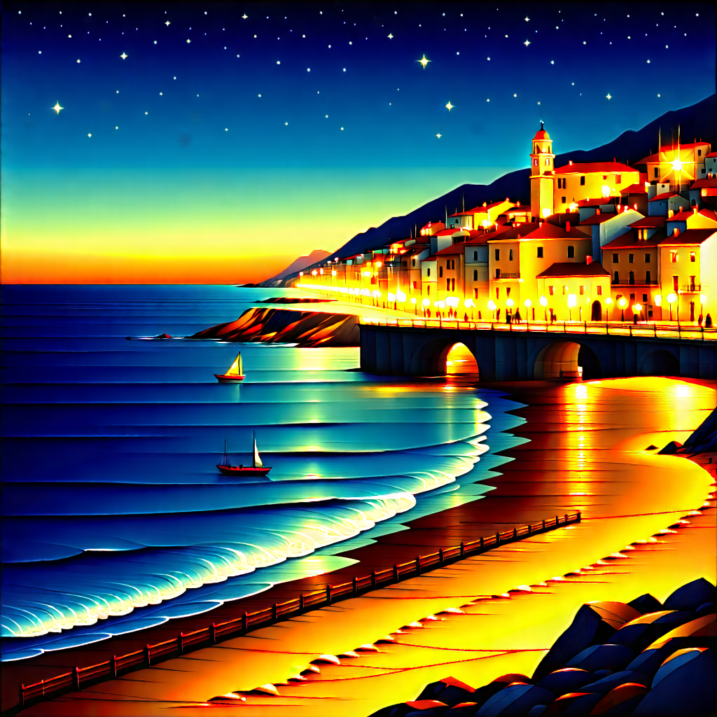 Urban Gouache Painting: Cityscape Of Coastal City During Night With Painting Beach