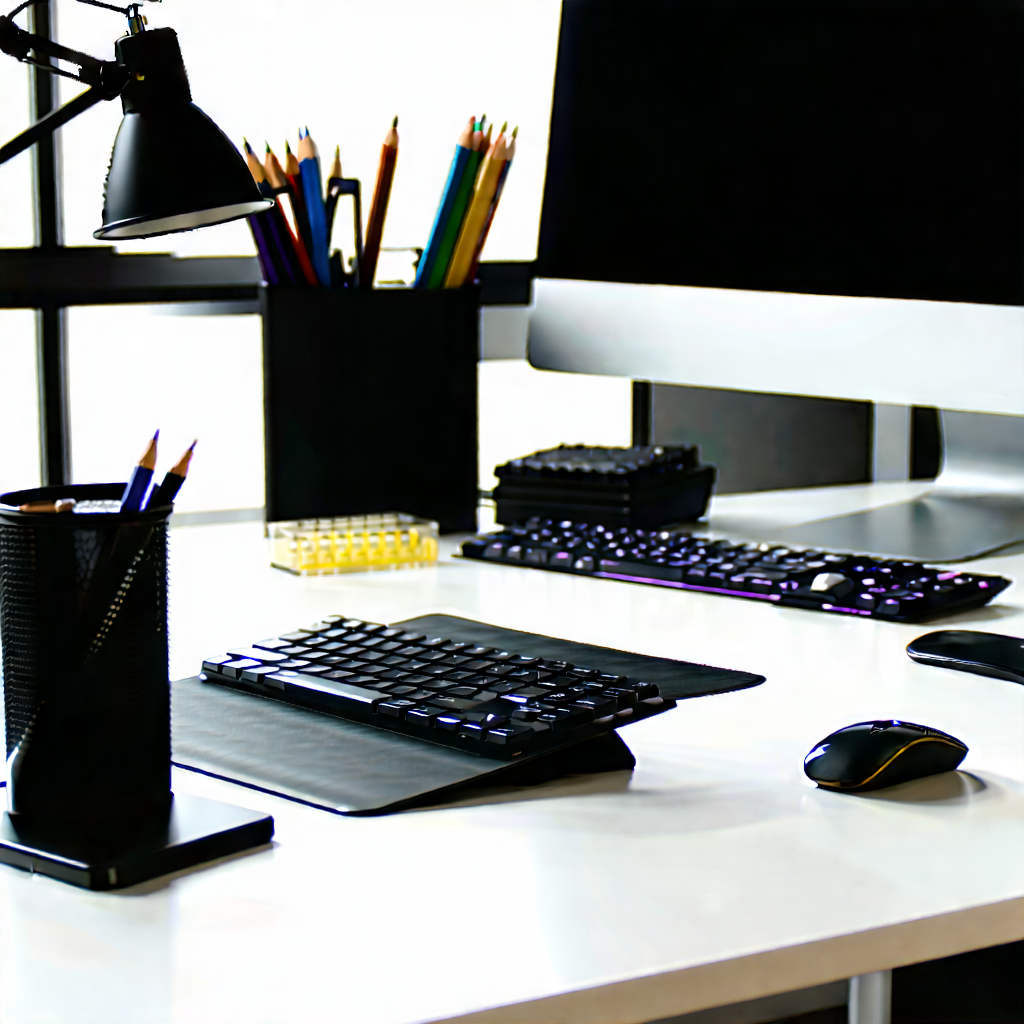 Business Digital Illustration: Workplace with productivity tools on desk