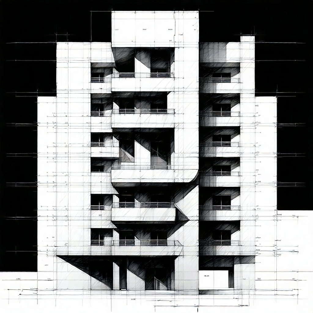 Urban Charcoal Drawing: (modern:1.26) Apartment Complex With Artistic Facade With Black White