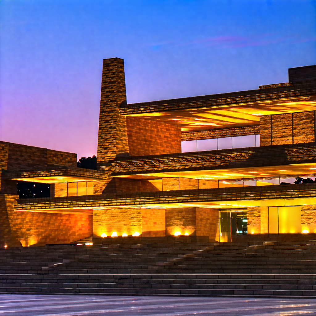 Urban Hdr Photography: Cultural Center With Sunset (glow:1.36) With Large, Modern