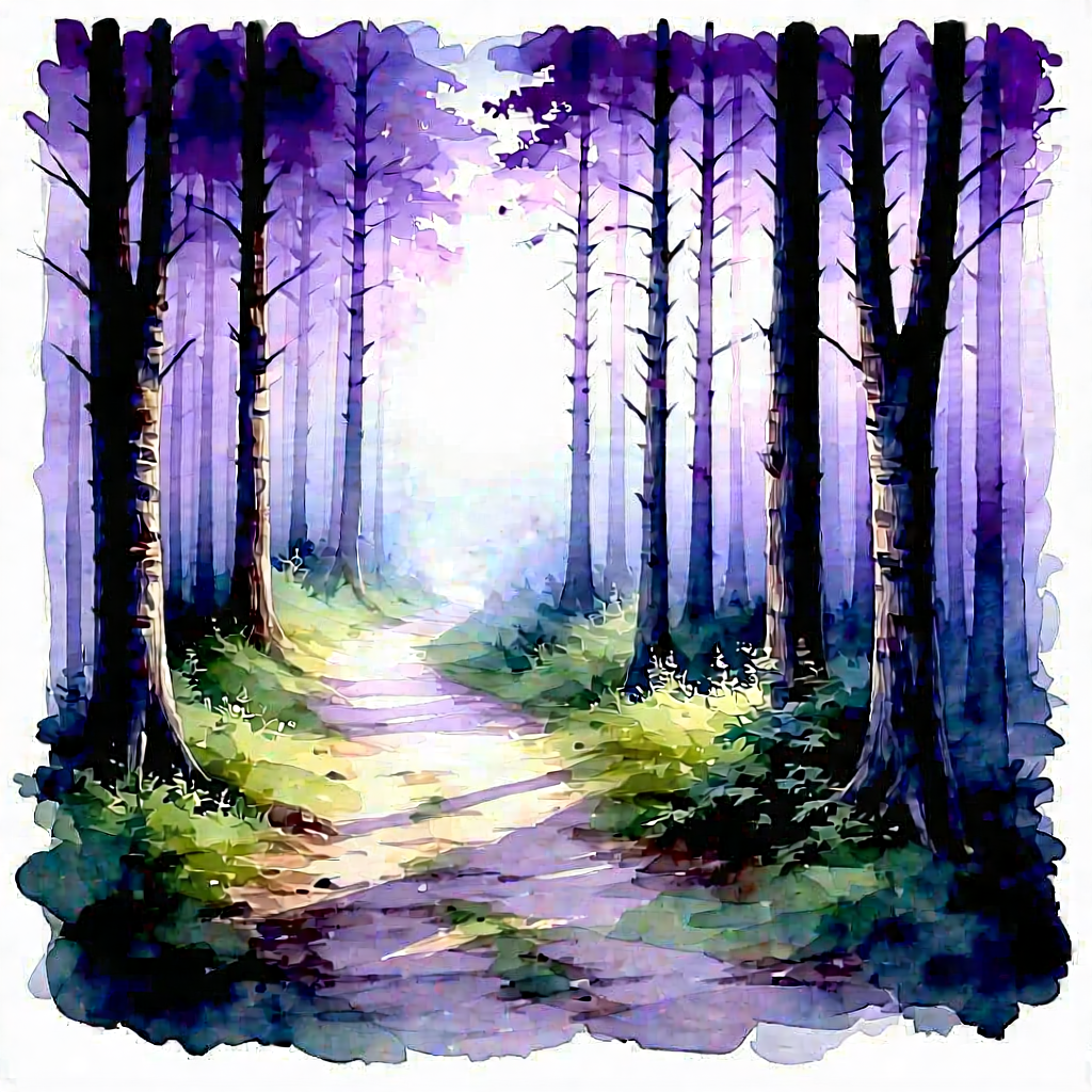 Nature Watercolor Painting: Path Through Dense Forest With Painting Forest