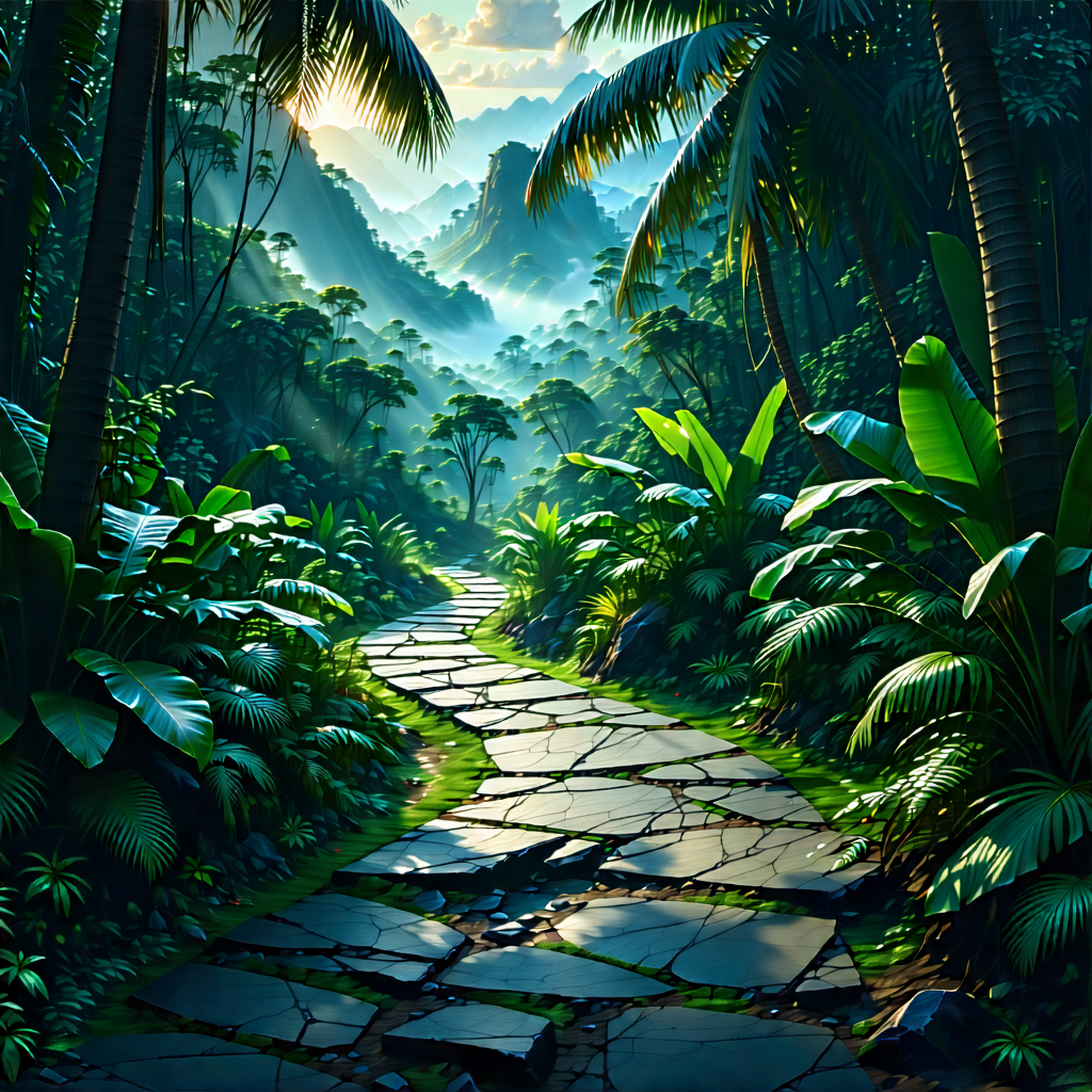 Nature Diagram Style: Path Through Tropical Jungle With Beautifully Drawn