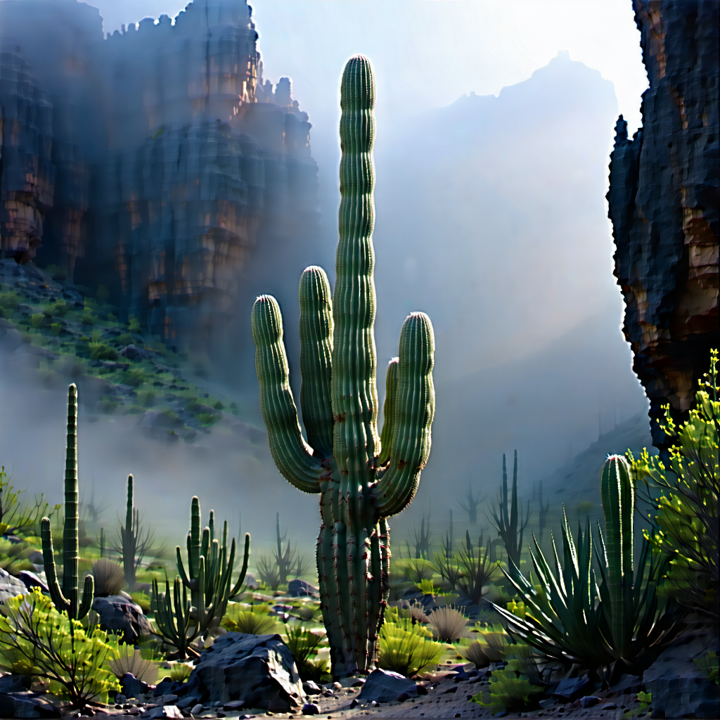 Nature Concept Art: Cactus In Misty Environment With Large Cactus