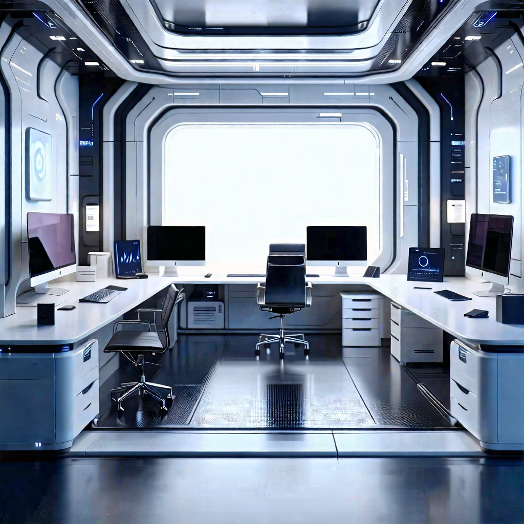 Tech Tilt-Shift Photography: (futuristic:1.36) tech startup office
