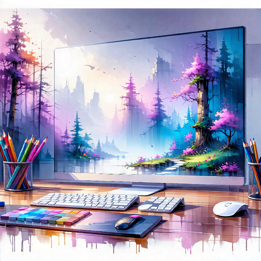 Tech Pastel Drawing: Entertainment Technology In Tech Office With Computer Monitor