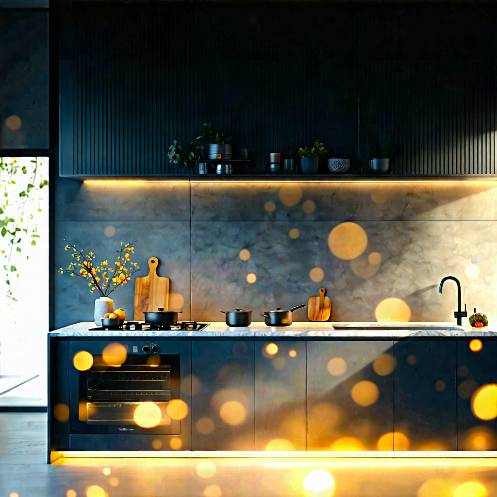 Lifestyle Matte Painting: (modern:1.3) Kitchen With Warm Lighting With Modern Kitchen