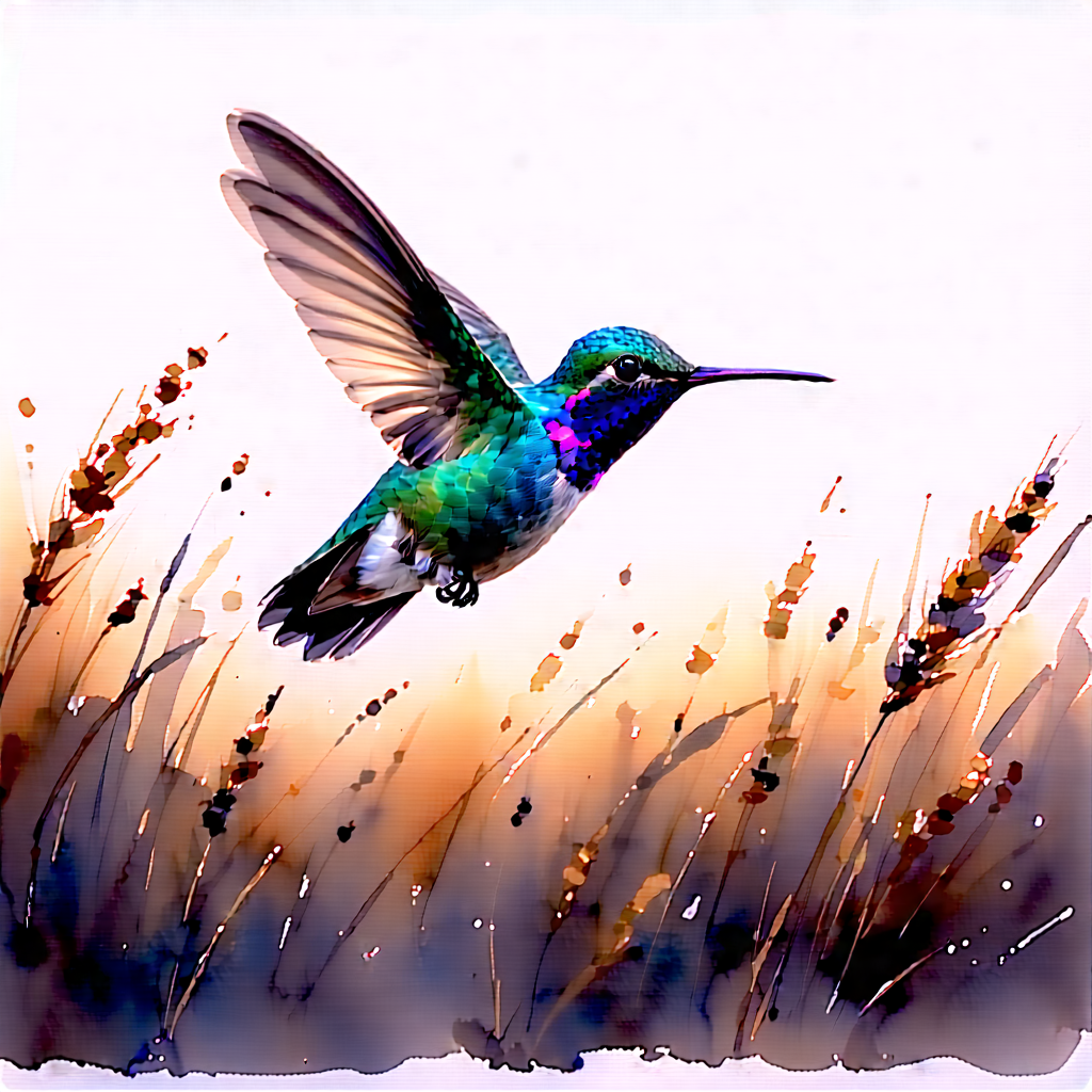 Nature Watercolor Painting: Hummingbird In Prairie Grassland With Colorful Hummingbird