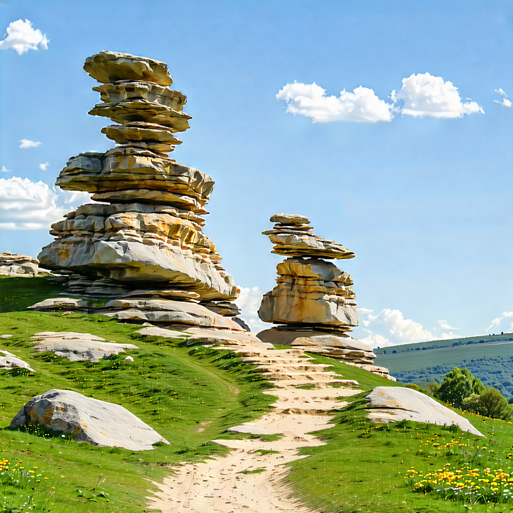 Nature Infographic Style: Rock Formation In Summer With Grassy Hill