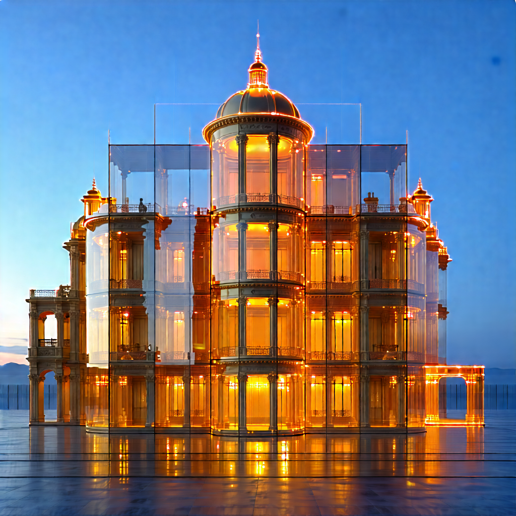 Urban Infographic Style: Historic Building With Reflective Glass With Large, Ornate