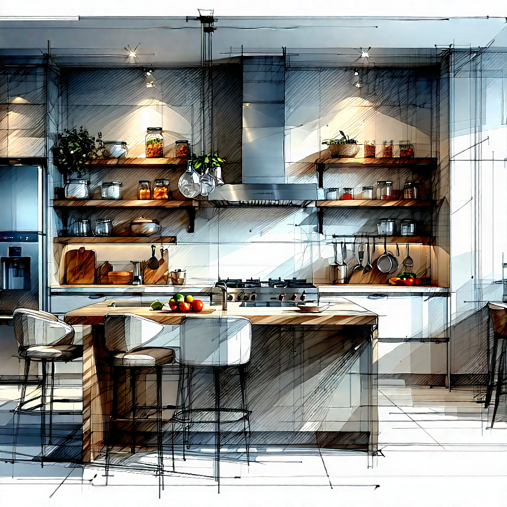 Lifestyle Ink Drawing: (modern:1.21) Kitchen With Organized Space With Drawing Kitchen,