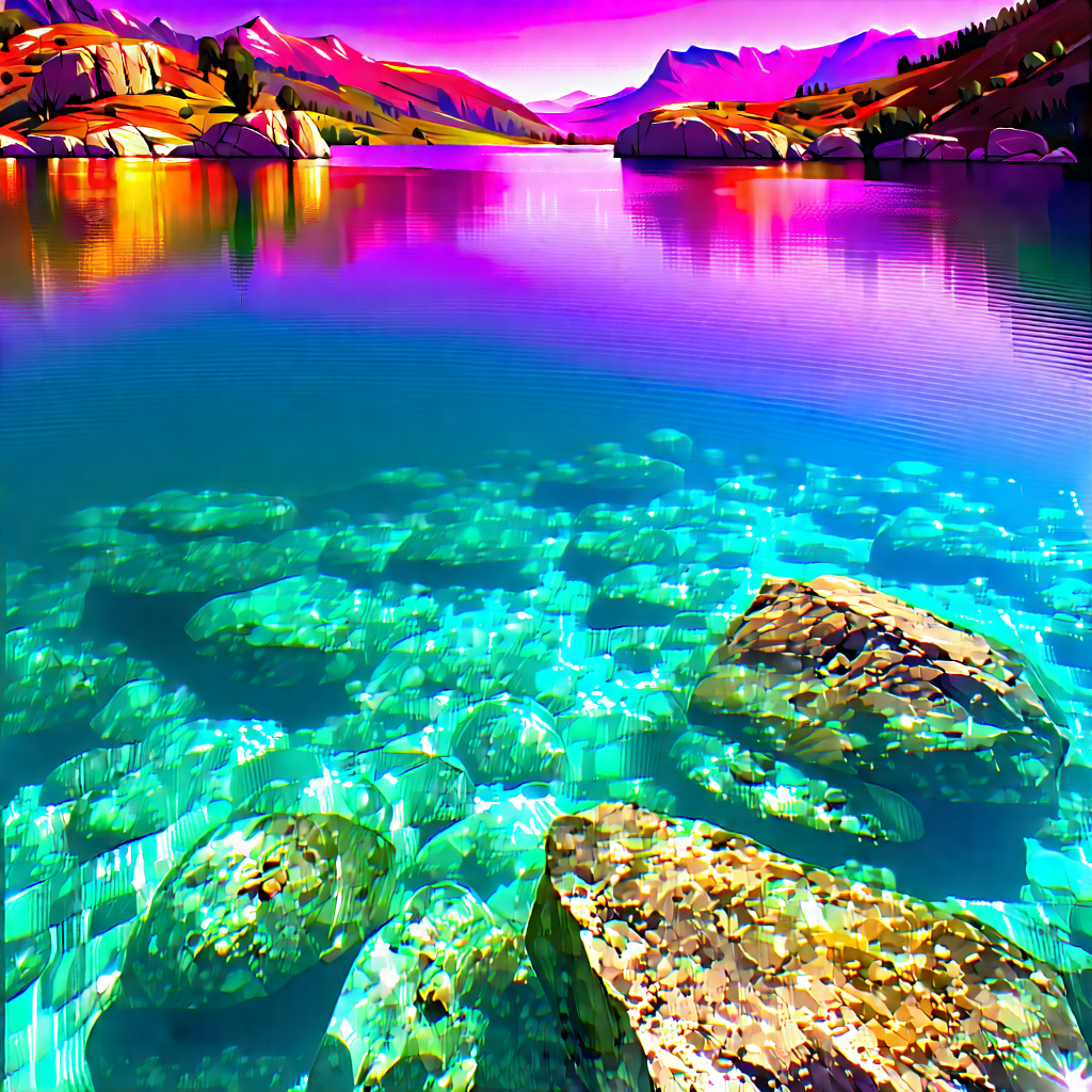 Nature Digital Illustration: Crystal Clear (lake:1.12) Surrounded By Rocky Shores With Serene Lake