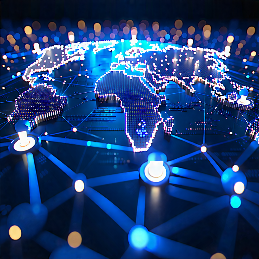 Tech Editorial Photography: Blockchain Network Visualization With Blue Globe
