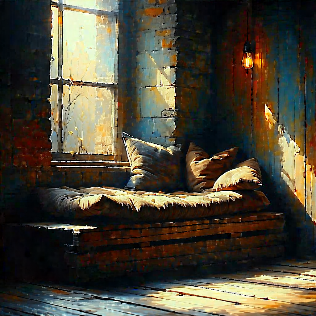 Lifestyle Charcoal Drawing: Reading Nook With Warm Lighting With Cozy Room