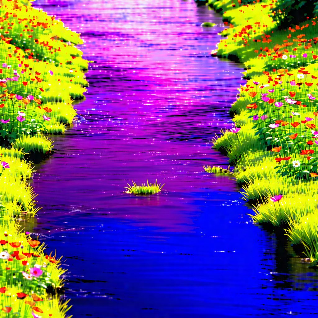 Nature Drone Photography: Rushing (river:1.42) Surrounded By Wildflowers With Colorful Painting