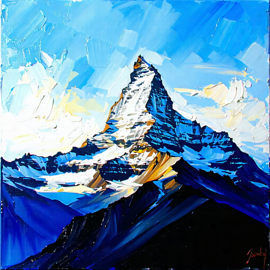 Nature Oil Painting: Clear (sky:1.33) Over Mountain Peak With Large, Snow-covered