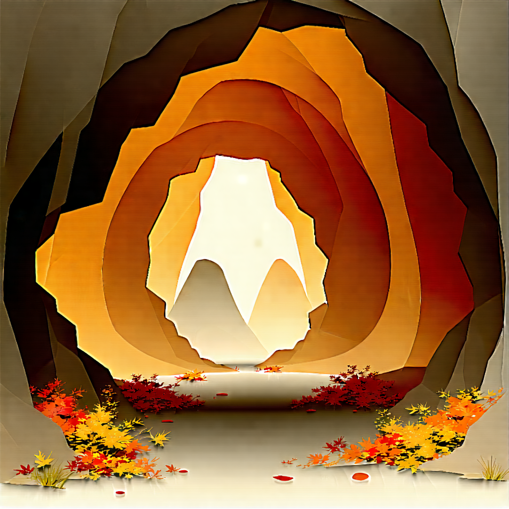 Nature Ink Drawing: Cave entrance in autumn colors