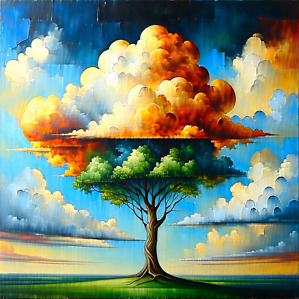 Tech Acrylic Painting: Cloud Computing Visualization With Large Tree
