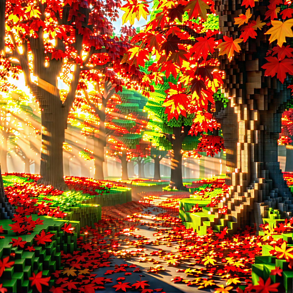 Nature Voxel Art: Autumn Leaves In Sunlit Clearing With Digital Artwork
