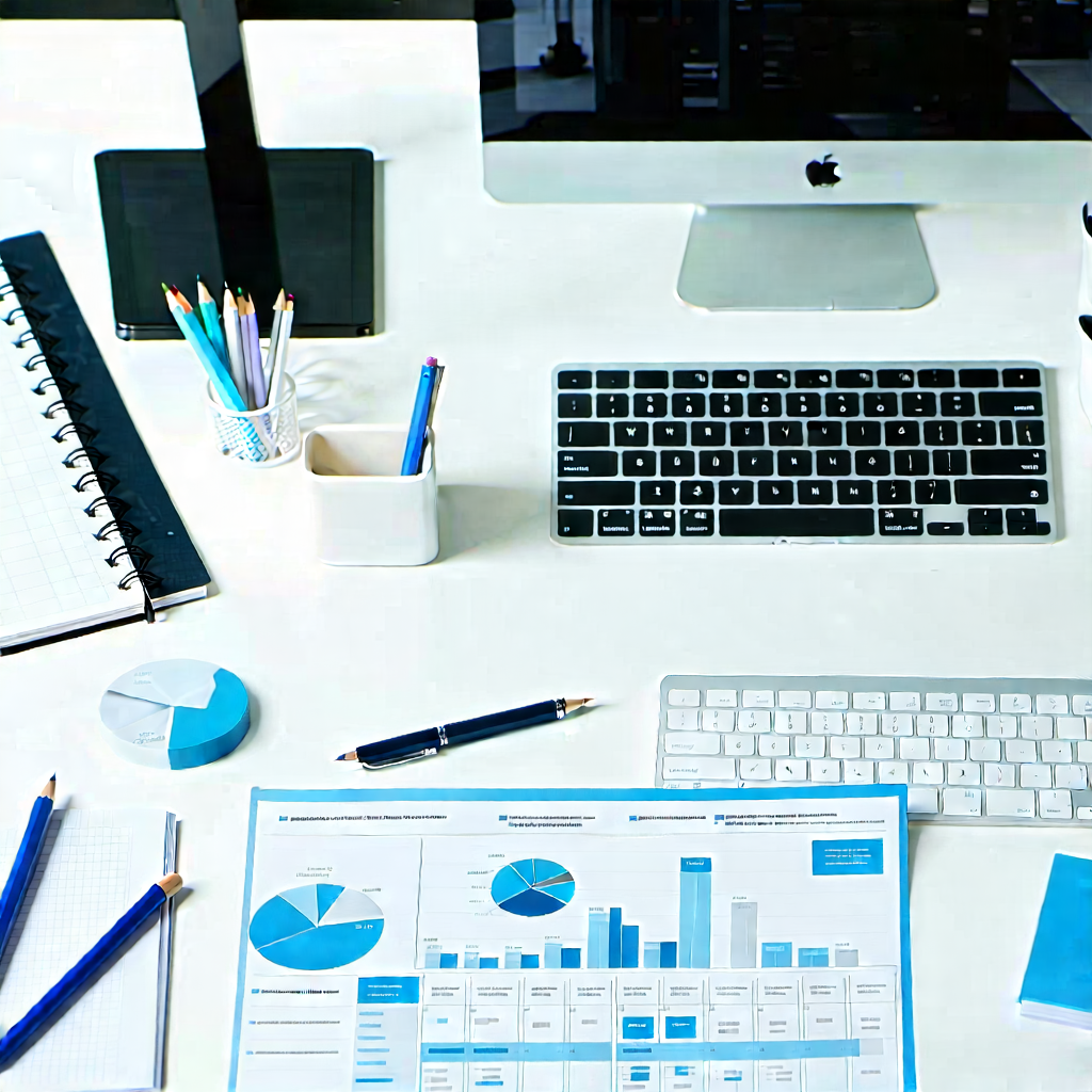 Business Infographic Style: Workplace with modern office supplies on desk