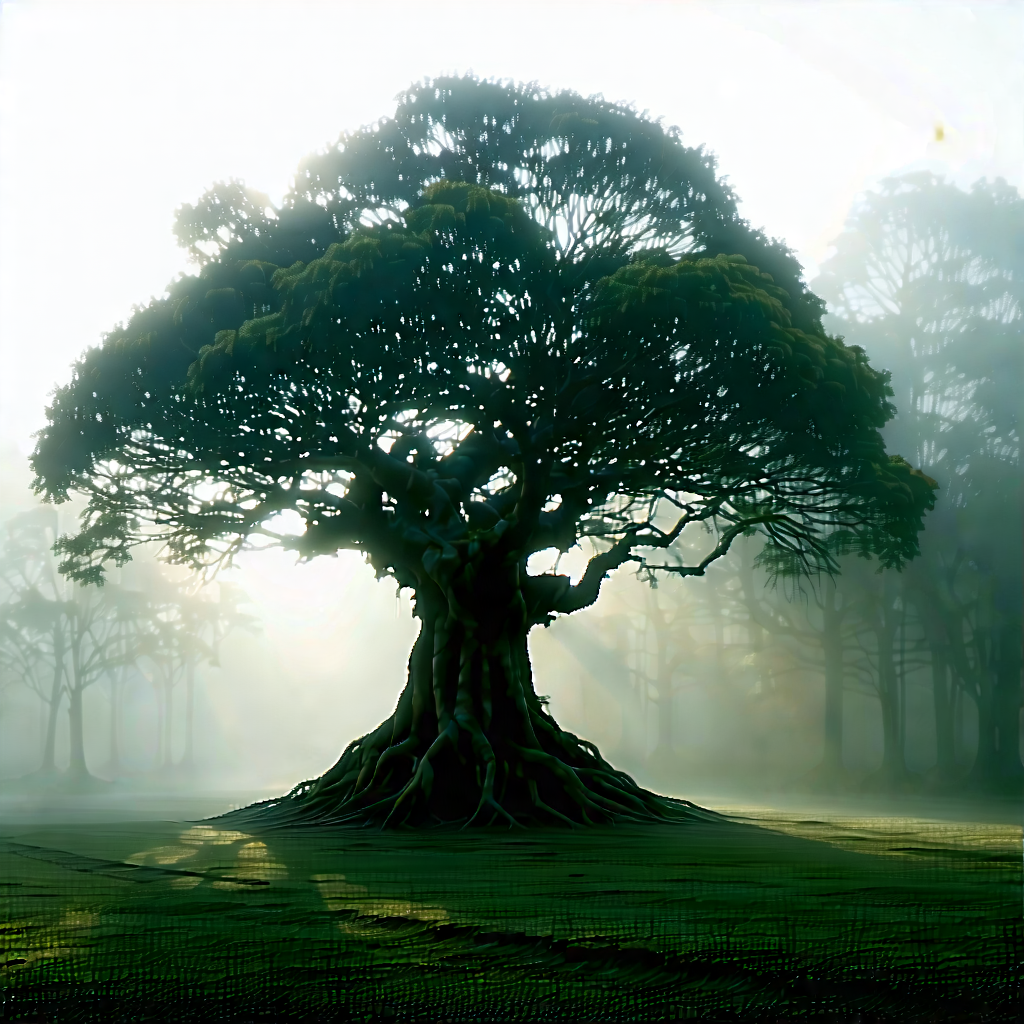 Nature Minimalist Design: (ancient:1.31) (tree:1.15) In Misty Environment With Large Tree