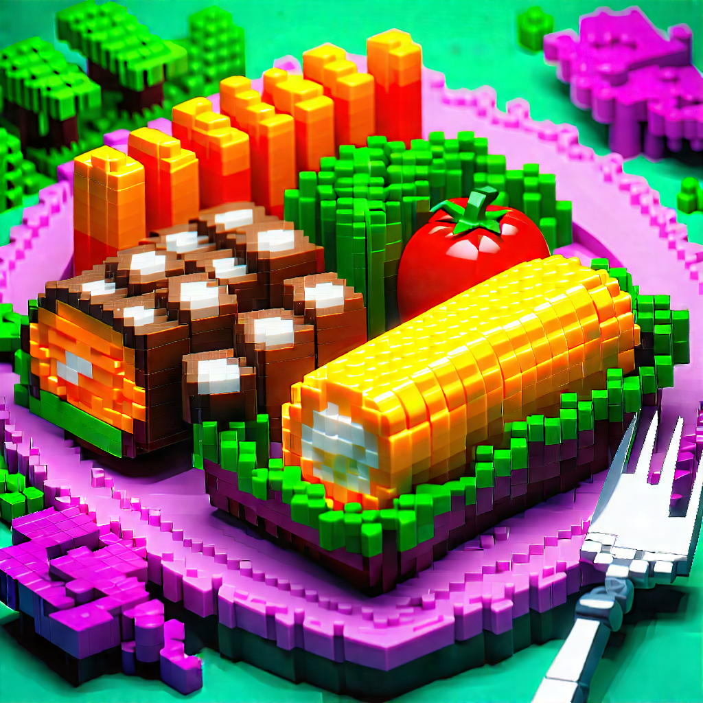 Lifestyle Voxel Art: Farm-to-table meal prepared with fresh ingredients