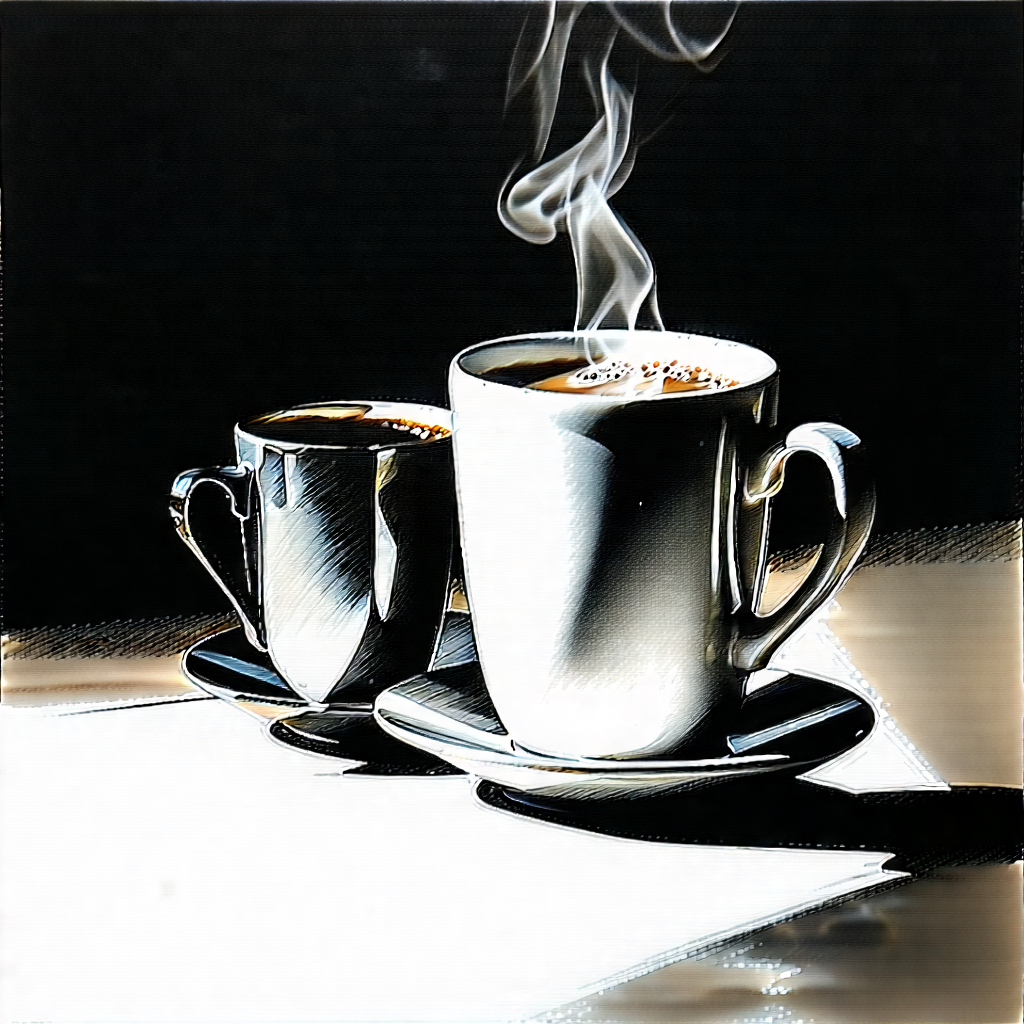 Lifestyle Charcoal Drawing: Coffee With Friends With Colleagues With Table Cups
