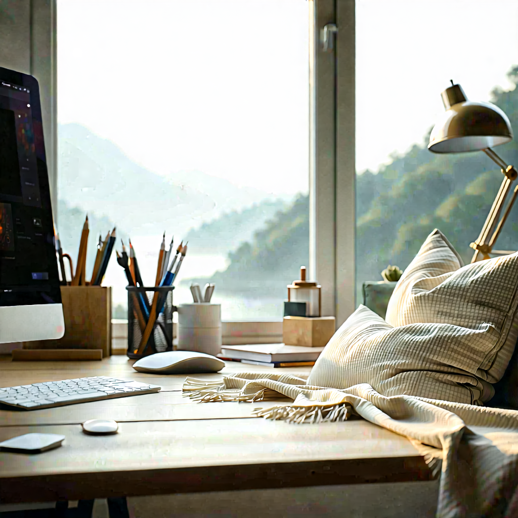 Lifestyle Landscape Photography: Home Office With Comfortable Textiles With Wooden Desk