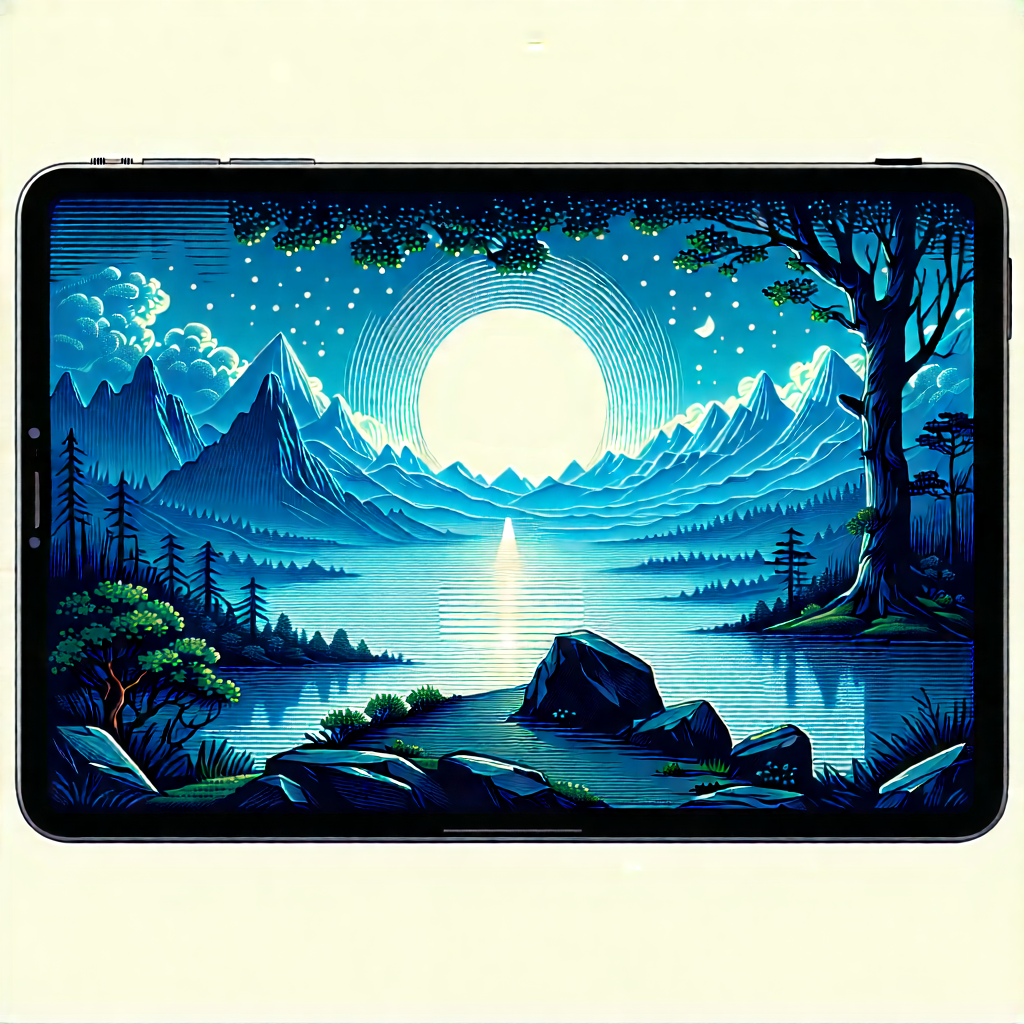 Tech Linocut Print: Tablet With User Interface With Painting Mountain