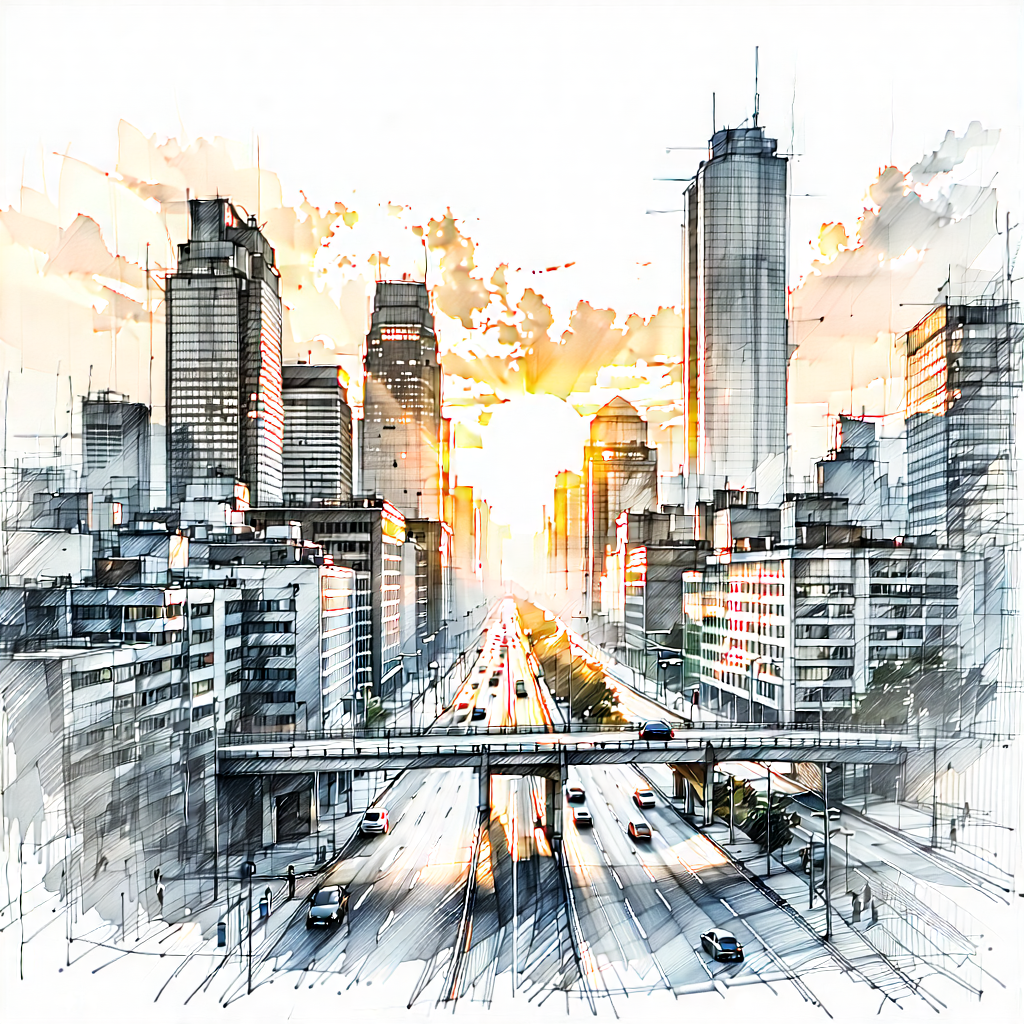 Urban Pencil Sketch: Cityscape Of Downtown District During (sunset:1.35) With Black White