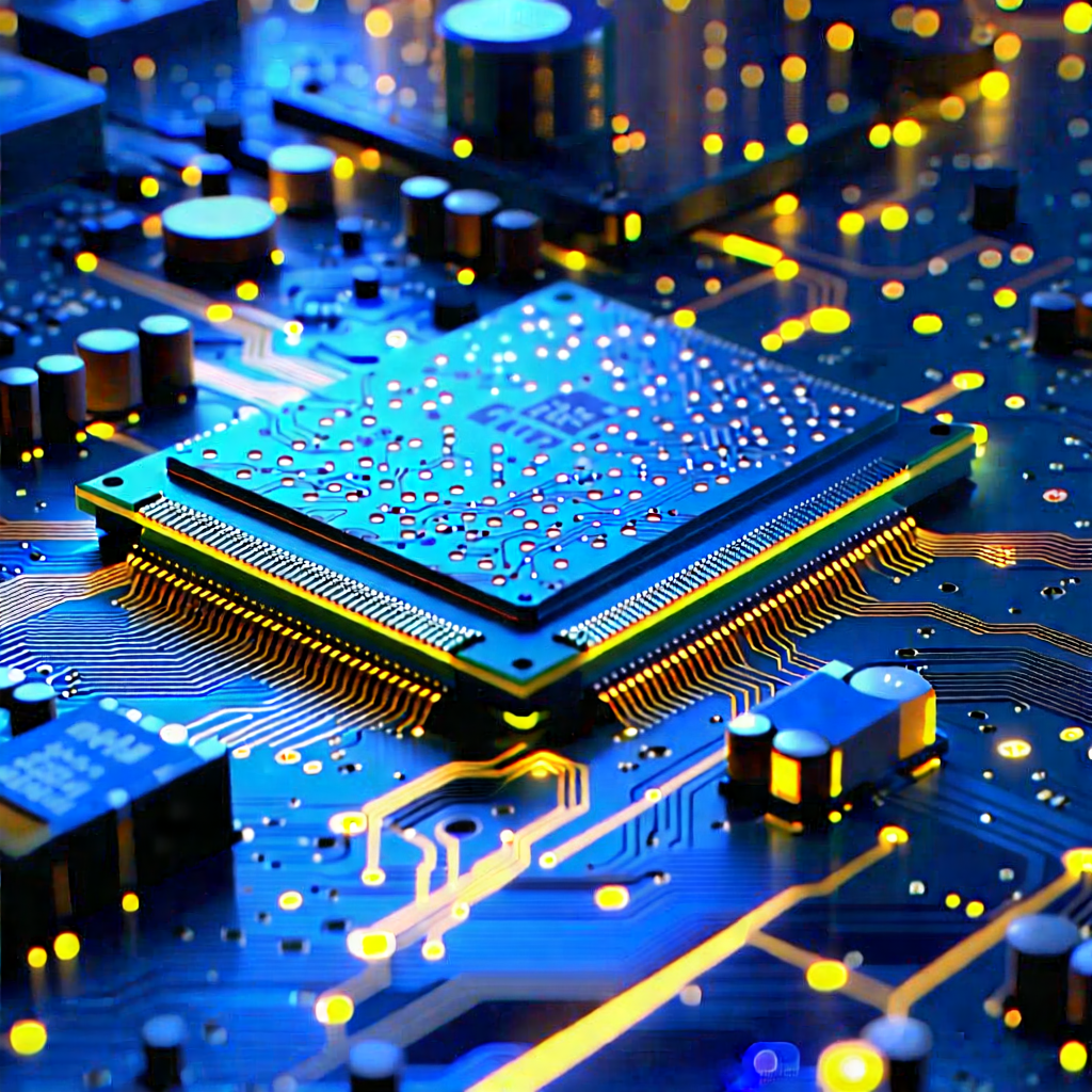 Tech Concept Art: Circuit board with data streams
