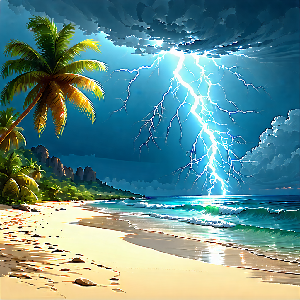 Nature Pencil Sketch: Lightning Over Tropical Beach With Beautiful Beach