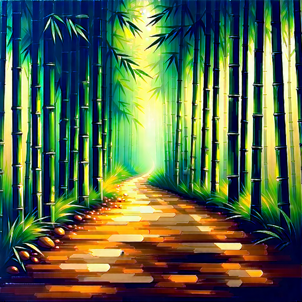 Nature Gouache Painting: Path Through Bamboo Grove With Pathway Surrounded