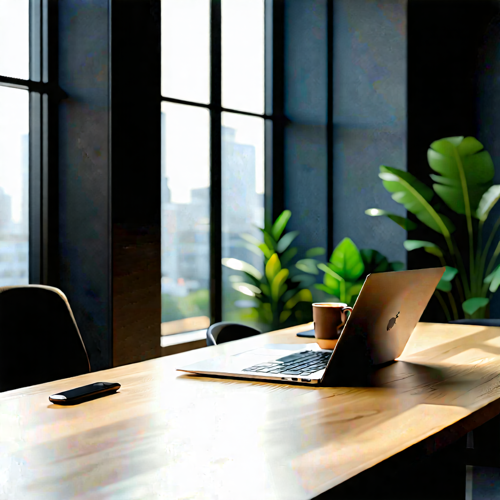 Business Graphic Design: Workplace With Laptop And Coffee On Desk With Wooden Desk