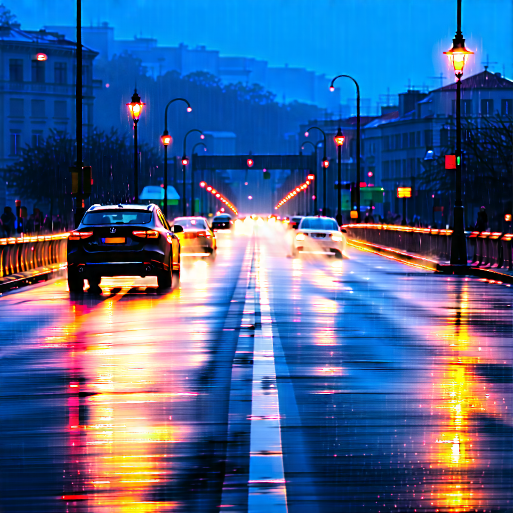 Urban Editorial Photography: Iconic Bridge With (rain:1.35)-slicked Streets With Rainy Night
