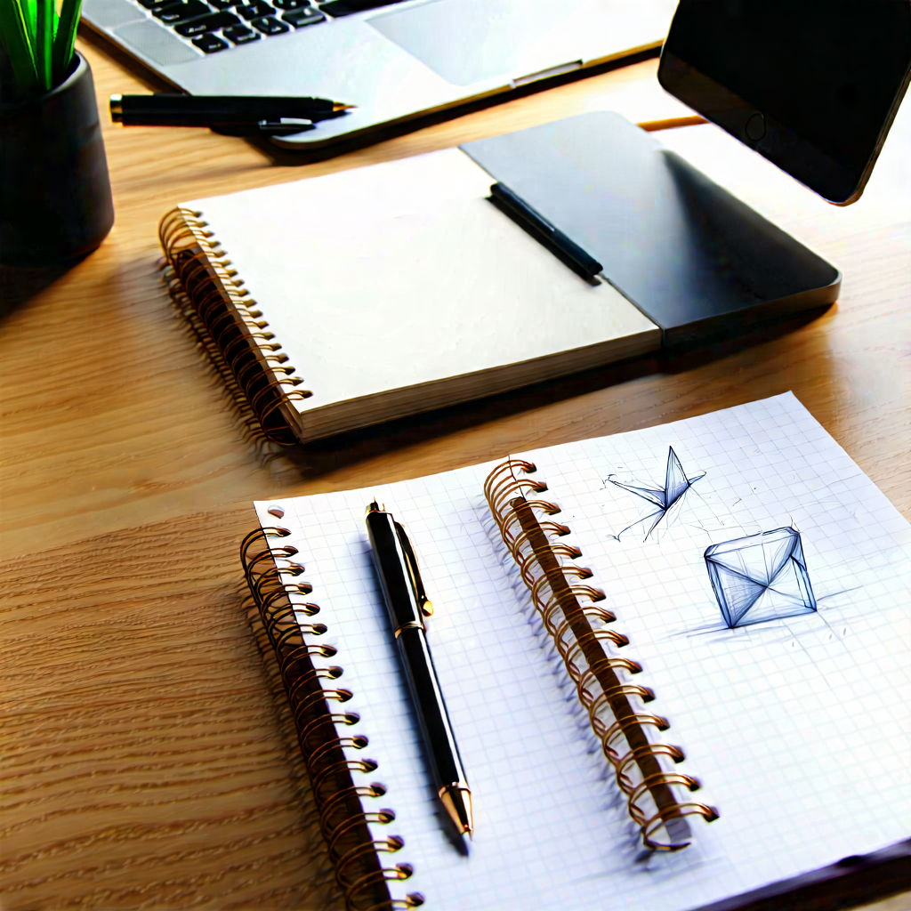 Business Technical Illustration: Workplace with notebooks and pens on desk