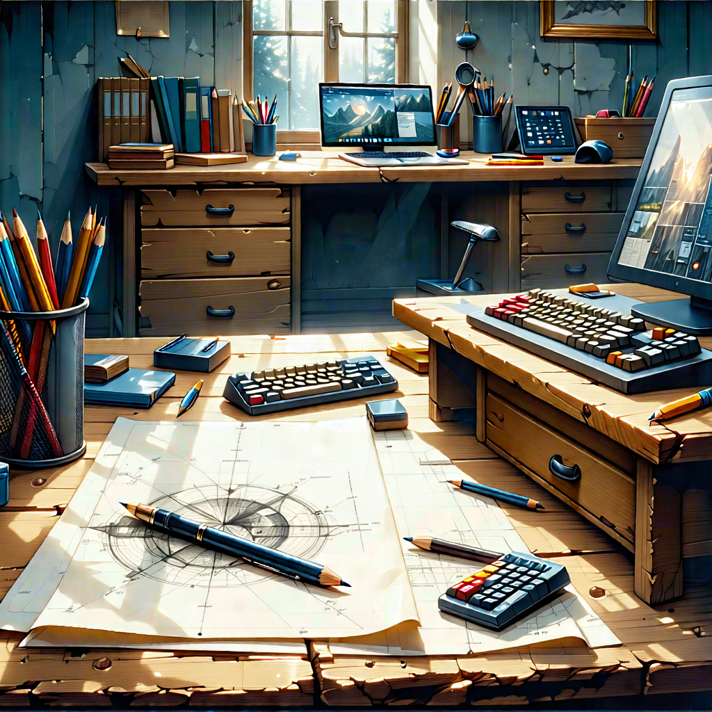 Business Woodcut Print: Workplace with productivity tools on desk