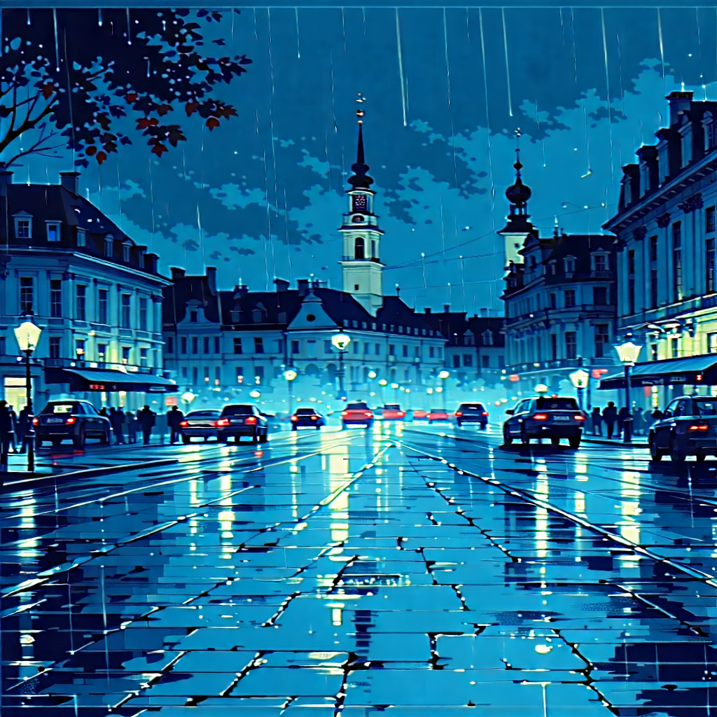 Urban Blueprint Style: Cityscape of historic city center during rainy evening