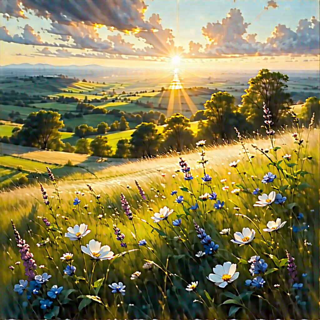 Nature Gouache Painting: Meadow During Sunrise With Beautiful Landscape