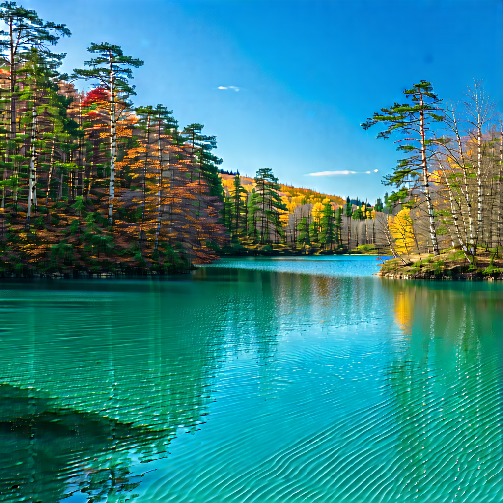Nature Ink Drawing: Crystal Clear Lake Surrounded By Autumn Trees With Serene Lake
