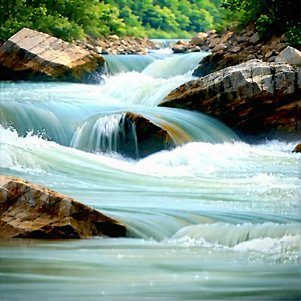 Nature Tilt-Shift Photography: Rushing (river:1.14) surrounded by rocky shores